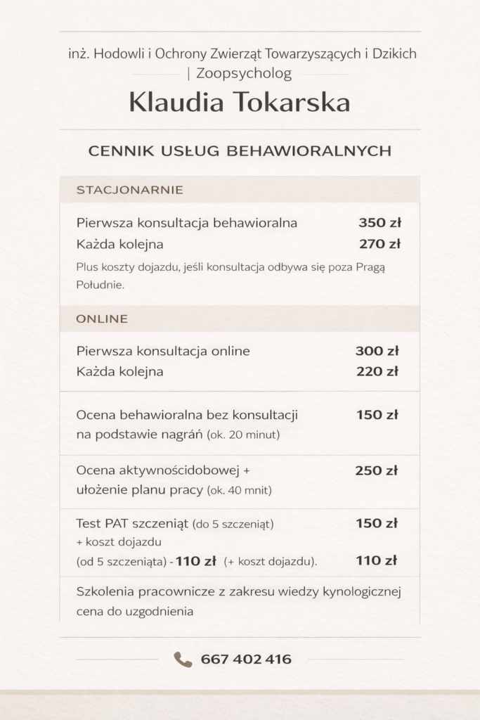 Cennik usług behawiorysty i zoopsychologa w Warszawie – konsultacje behawioralne dla psów, analiza problemów zachowania, wsparcie dla właścicieli psów
